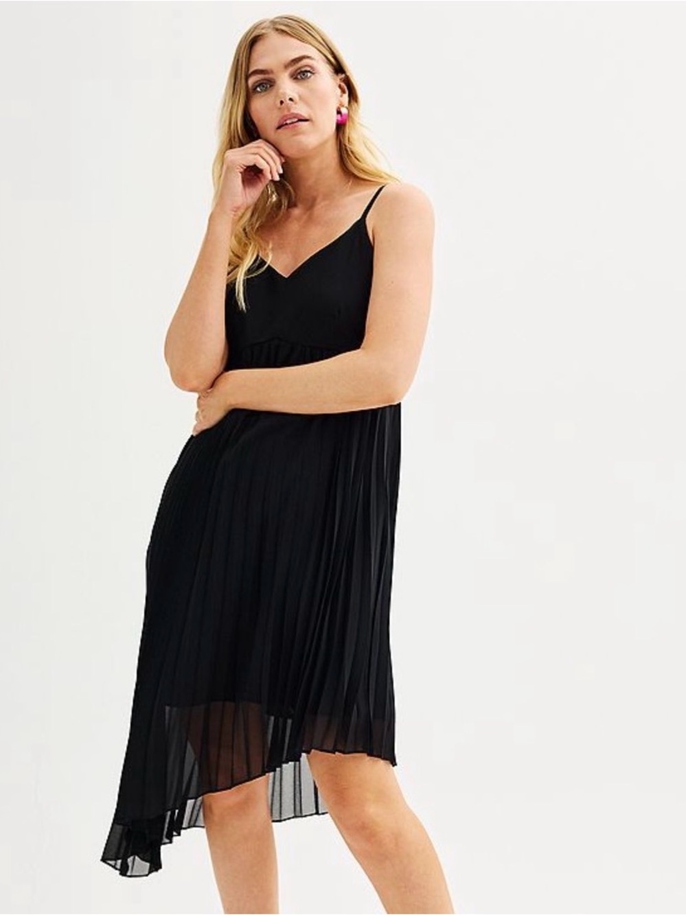 Nine West women's Black lined asymmetrical pleated A-line dress, Size L, NWT
